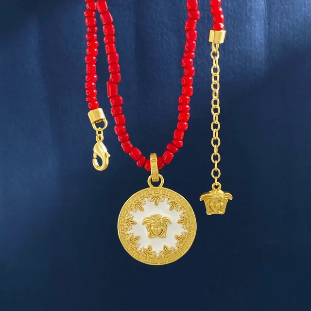 Versace Medusa Icon Red Gold Beaded Chain Pendant Necklace