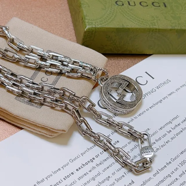 Gucci GG Marmont Silver Ornate Engraved Pendant Necklace