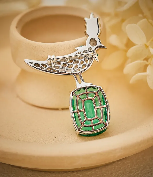 Gold Green Bird-Shaped Emerald-and-Diamond Brooch