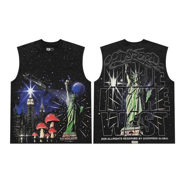 Godspeed Graphic-Print Acid-Wash Black Vest Top