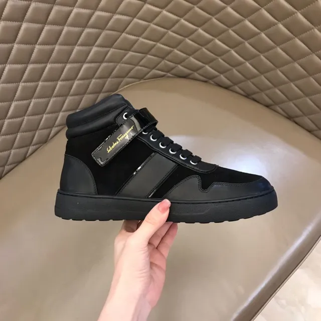 Salvatore Ferragamo High-Top Black Suede and Patent Leather Lifestyle Sneakers