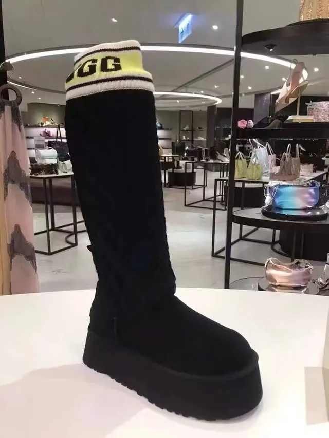UGG Classic Black Yellow Platform Sole Ruched Knit Leg Warmer Knee Boots