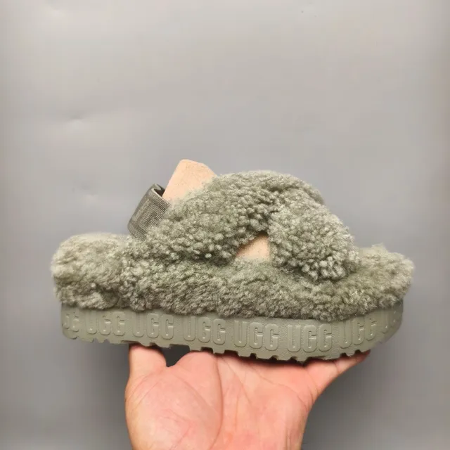 UGG Tasman Olive Green Shearling Cross-Strap Platform Slippers