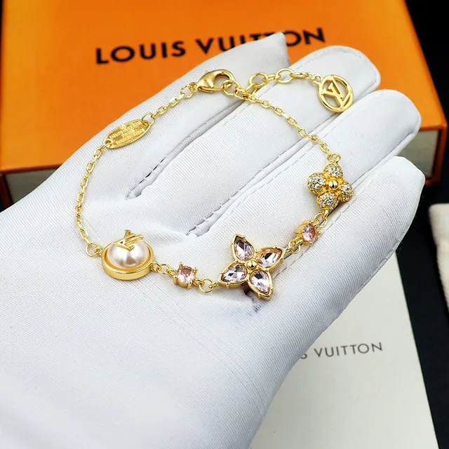 Louis Vuitton Gold-Tone Pearl and Pink Crystal Floral Charm Bracelet