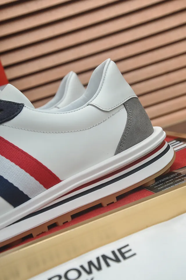 Thom Browne White Gray Low-Top Leather-Suede Hybrid Lifestyle Sneakers