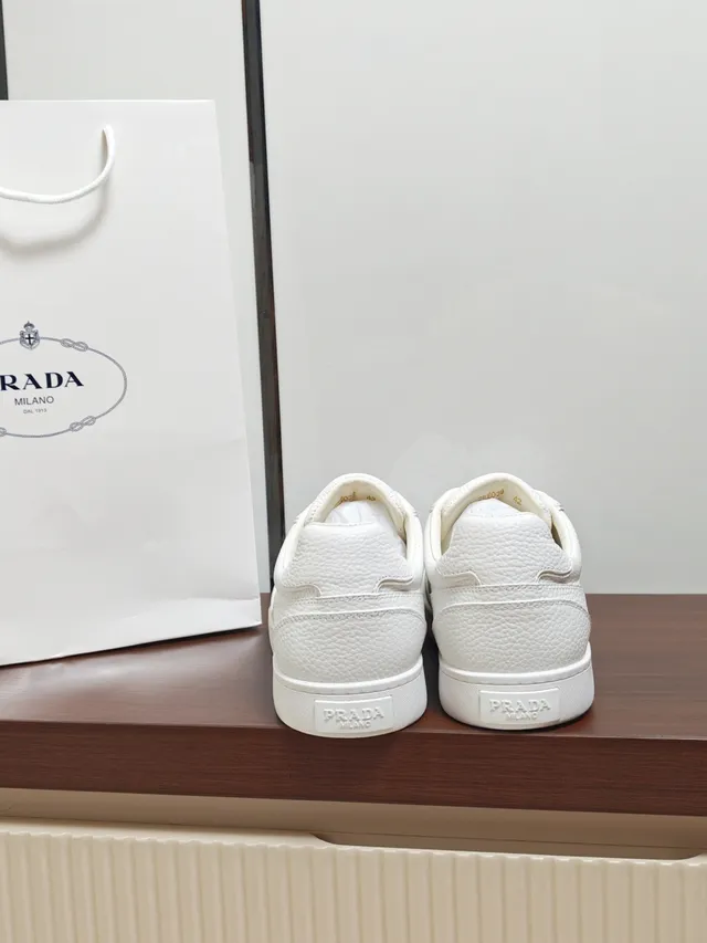 Prada White Gold Pebbled Leather Low-Top Lifestyle Sneakers