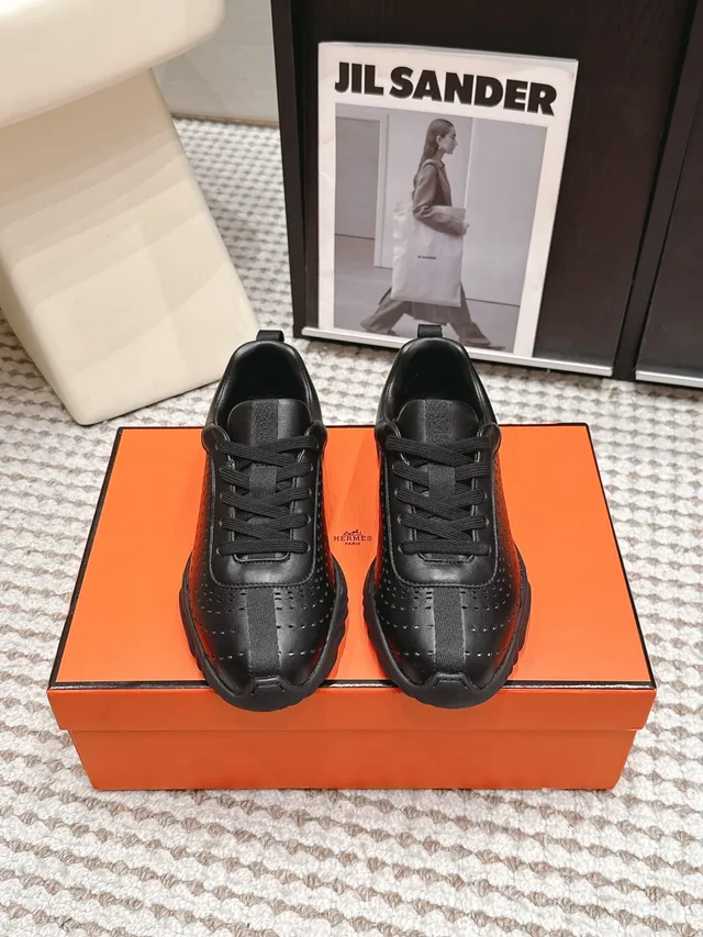 Jil Sander Black Perforated Leather Minimalist Sneakers