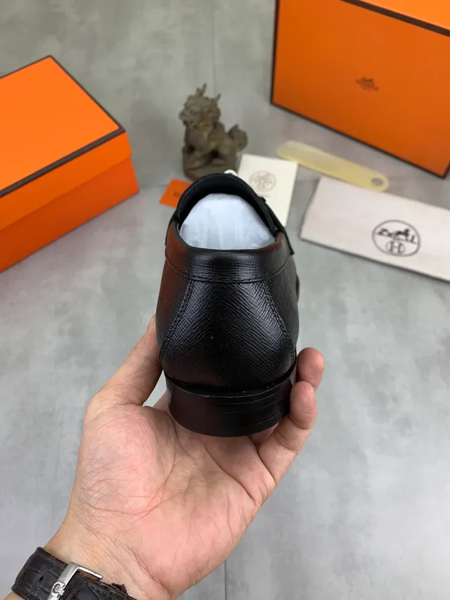 Hermès Oran Loafer Black Saffiano Leather Metal Strap Loafer