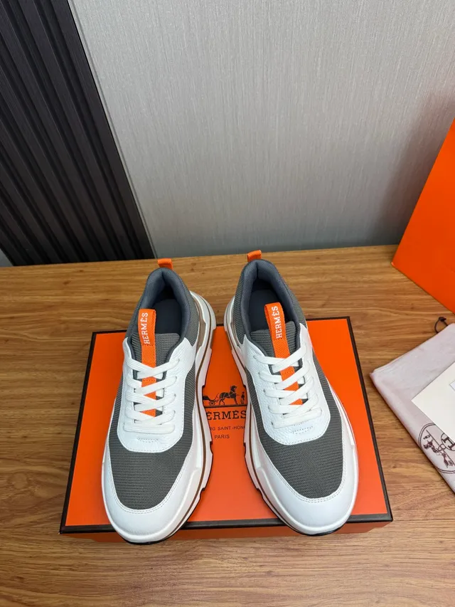 Hermès White Gray Chunky Sole Mixed Leather-Mesh Upper Sneakers