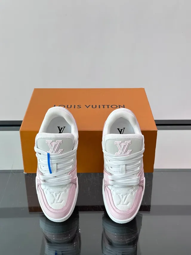 Louis Vuitton LV Trainer Pink White Layered Monogram Leather Asymmetrical Branded Strap Lifestyle Sneakers