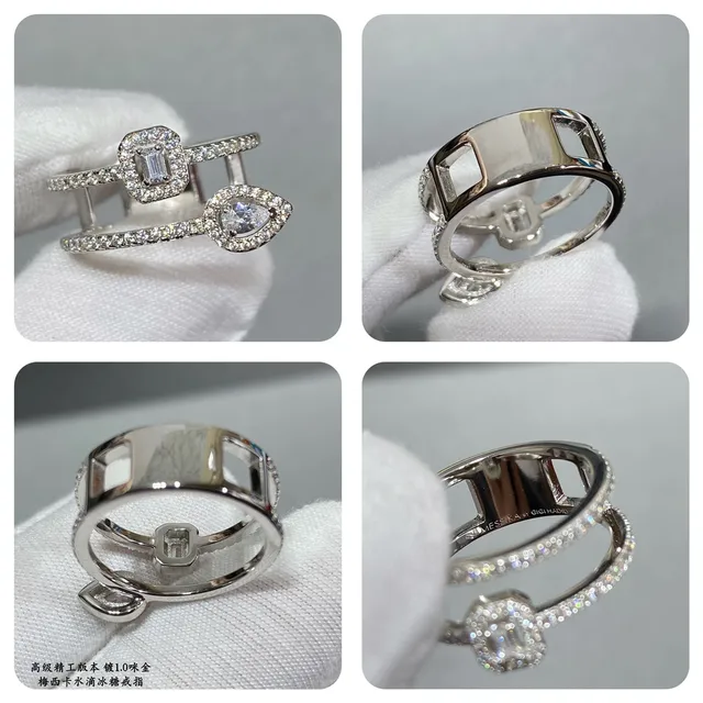 Double-Band Pavé-Set Teardrop and Emerald-Cut Stone Ring