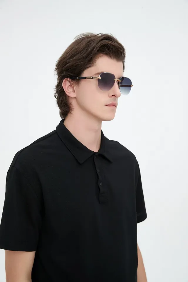 Black Ribbed Collar Three-Button Short-Sleeve Polo Shirt