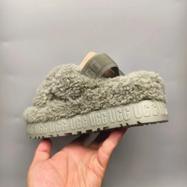 UGG Tasman Olive Green Shearling Cross-Strap Platform Slippers