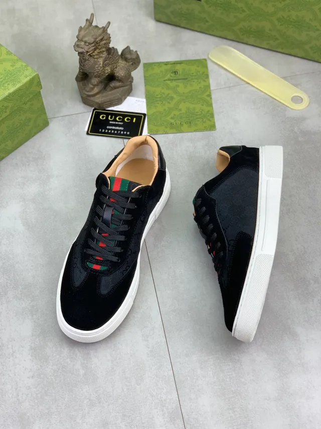 Gucci Rhyton Black White Suede And GG Canvas Web Stripe Accent Lifestyle Sneakers