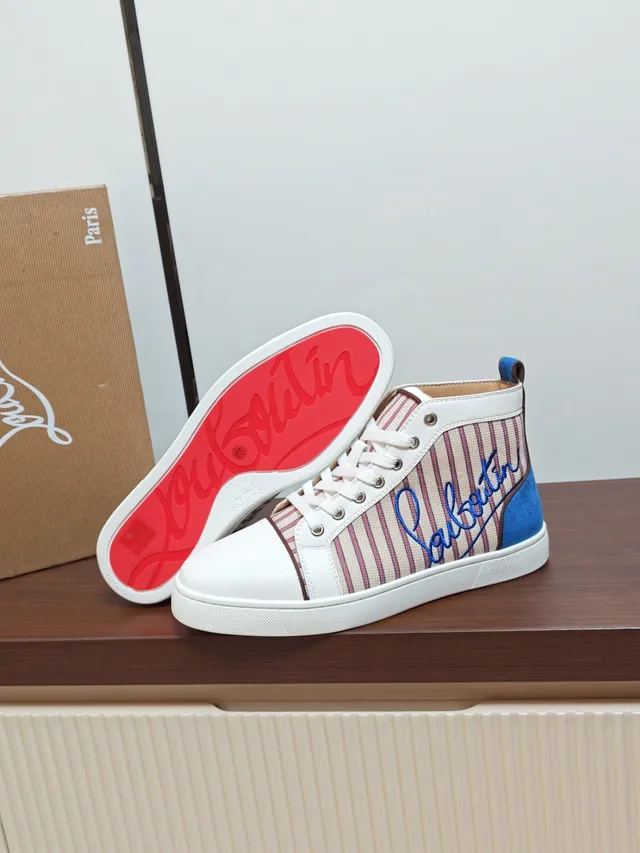 Christian Louboutin Loubi High White Blue Striped Canvas Lifestyle Sneakers