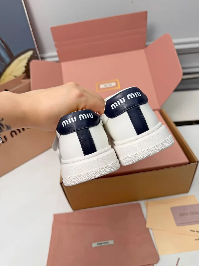 Miu Miu Mary Jane Sneaker White Navy Leather Upper Logo Strap Mary Jane Shoes
