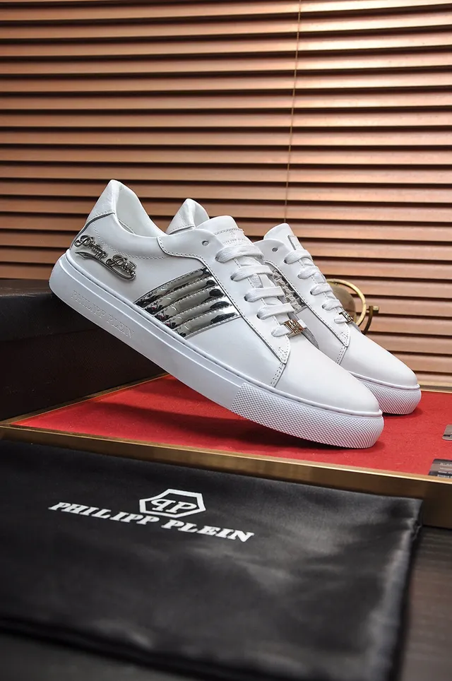 Philipp Plein White Silver Leather Upper Metallic Snakeskin Stripes Sneakers