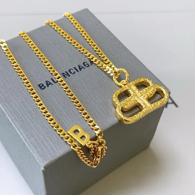 Balenciaga BB Interlocking Pendant Gold Chain Necklace