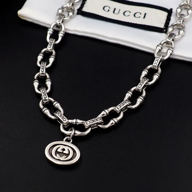 Gucci Ophidia Silver White Bamboo-Link Chain Engraved Branding Necklace