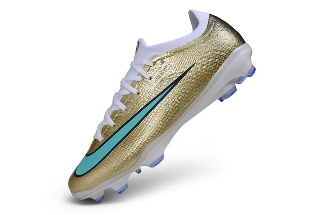 Nike Gold Blue Metallic Knit Upper Turquoise Swoosh Accent Firm-Ground Soccer Shoes