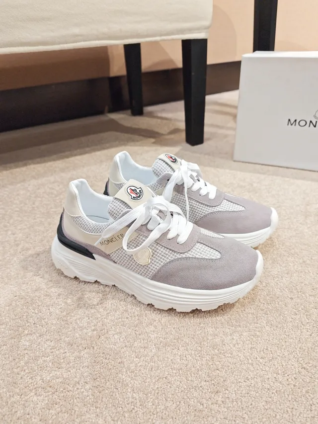 Moncler Gray Beige Mixed-Material Upper Houndstooth Textile Panel Sneakers