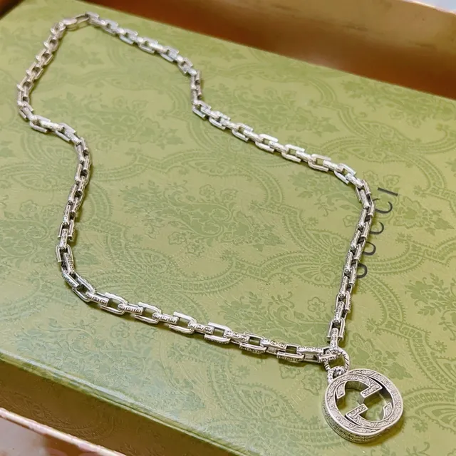 Gucci GG Marmont Silver Ornate Engraved Pendant Necklace