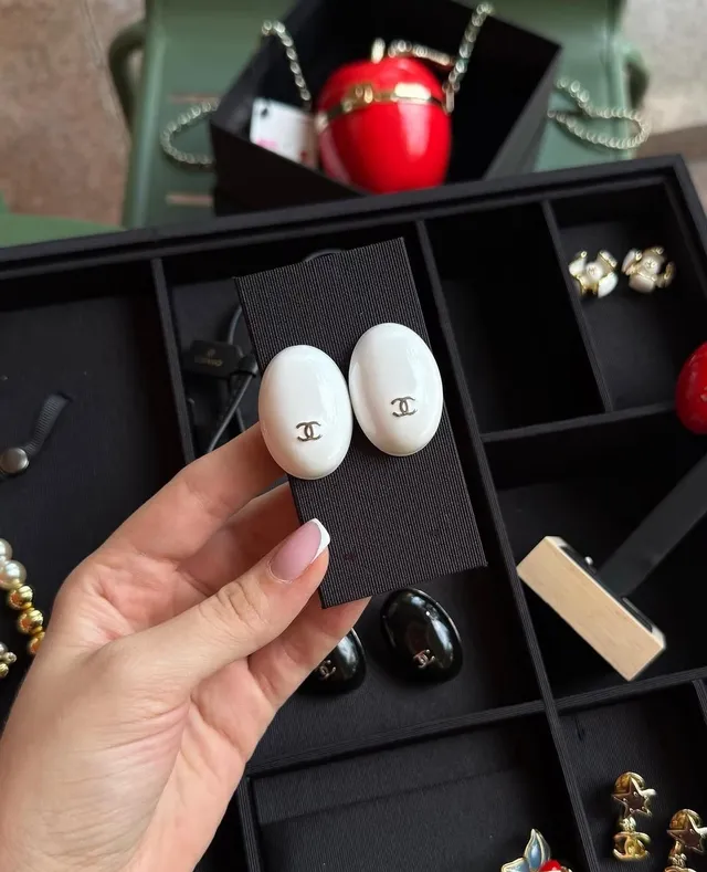 Chanel Enamel Oval CC Logo Stud Earrings