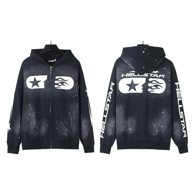 Hellstar Star Flame Graphic Zip-Up Black Hoodie