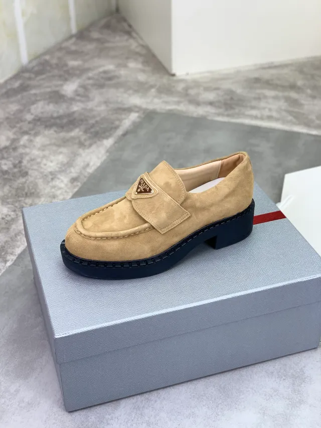 Prada Loafer Beige Black Suede Upper Triangle Plaque Logo Loafer