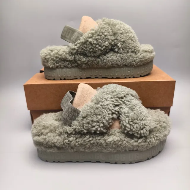 UGG Tasman Olive Green Shearling Cross-Strap Platform Slippers