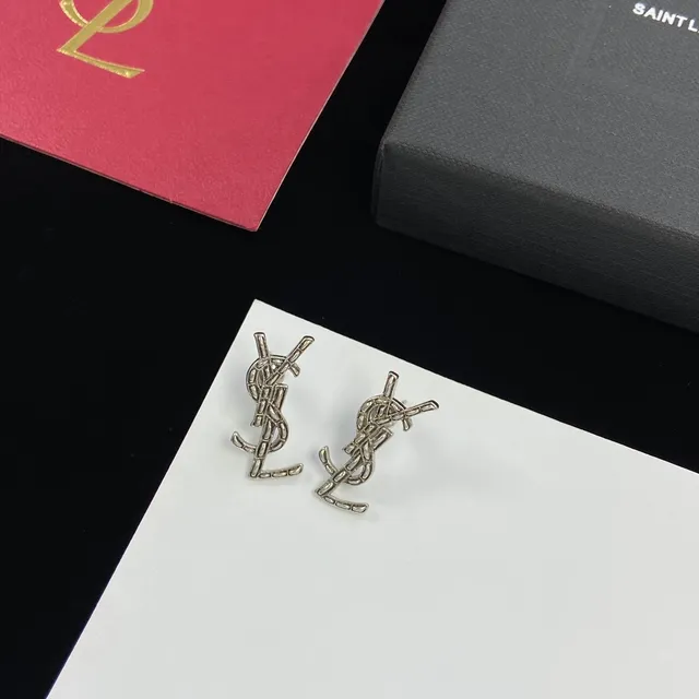 Saint Laurent Monogram Gold Silver Logo Stud Earrings