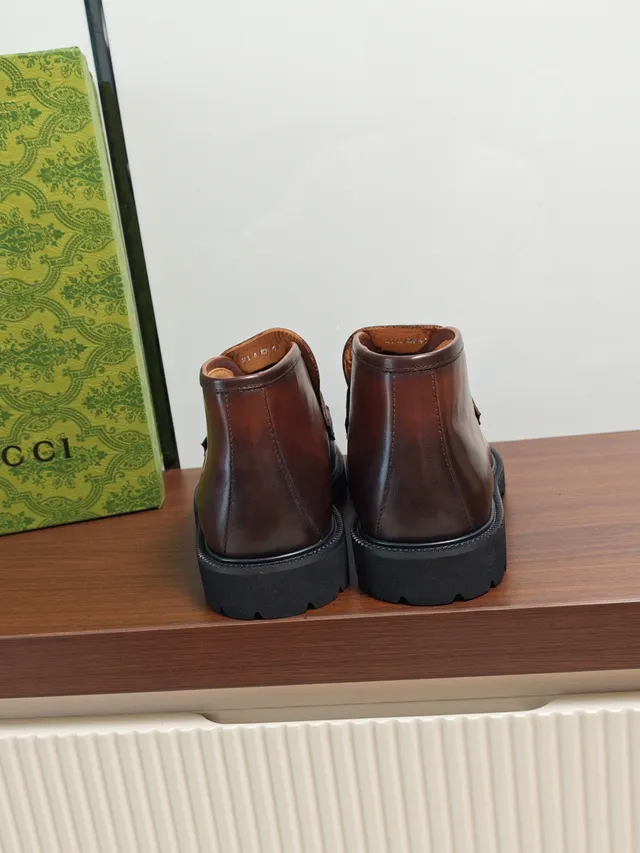 Gucci Brown Black Horsebit Buckle Ankle-Height Loafer