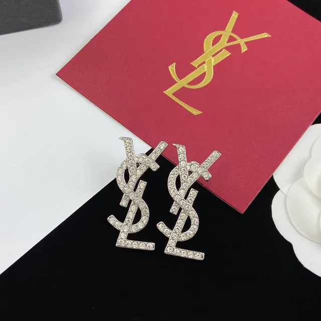 Saint Laurent Monogram Brooch Crystal-Encrusted Silver-Tone YSL Brooch