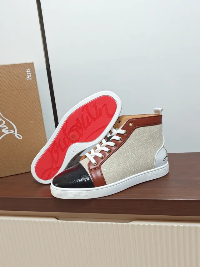 Christian Louboutin Louis Junior Beige Brown High-Top Color-Blocked Lifestyle Sneakers