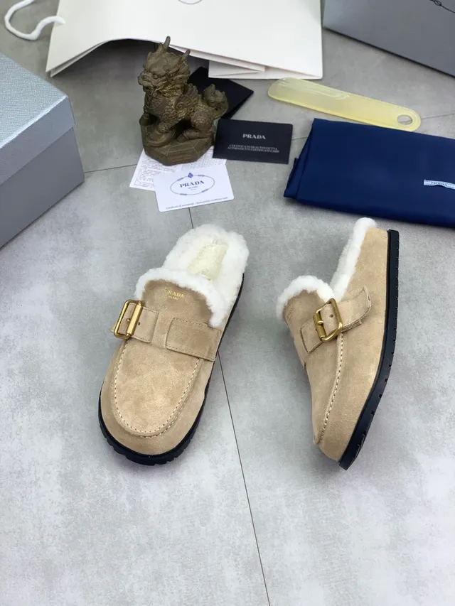 Prada Loafer Beige White Suede Upper Shearling-Lined Collar Loafer