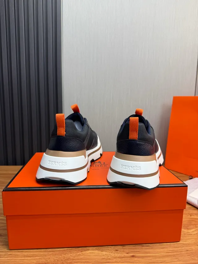Hermès Navy Orange Chunky Sole Mesh And Pebbled Leather Upper Sneakers