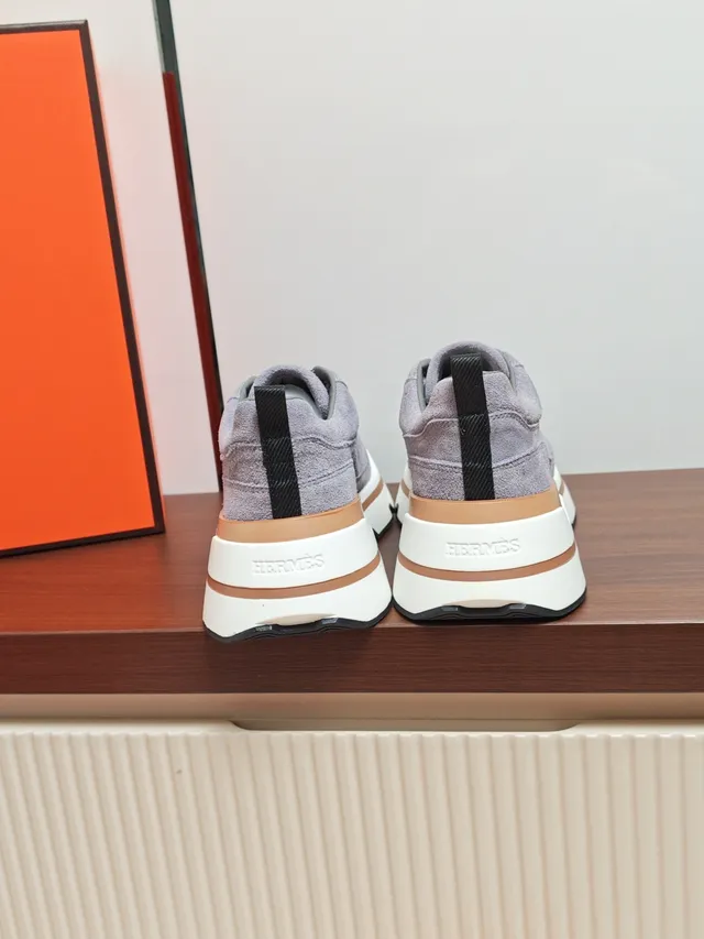 Hermès Gray Beige Suede Upper Layered Multi-Color Sole Sneakers