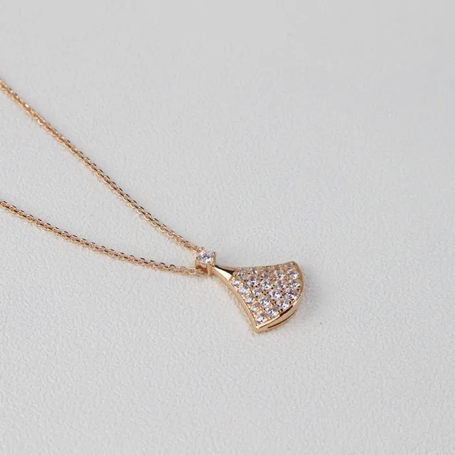 Silver Gold Fan-Shaped Pendant Pavé-Set Stones Necklace