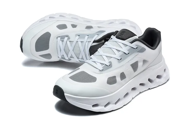 On Black White Engineered Mesh Upper Open Hexagonal CloudTec Pods Running Shoes