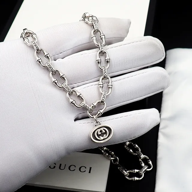 Gucci Ophidia Silver White Bamboo-Link Chain Engraved Branding Necklace