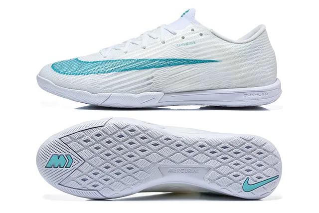 Nike White Blue Knit Upper Flat Rubber Outsole Indoor Soccer Shoes