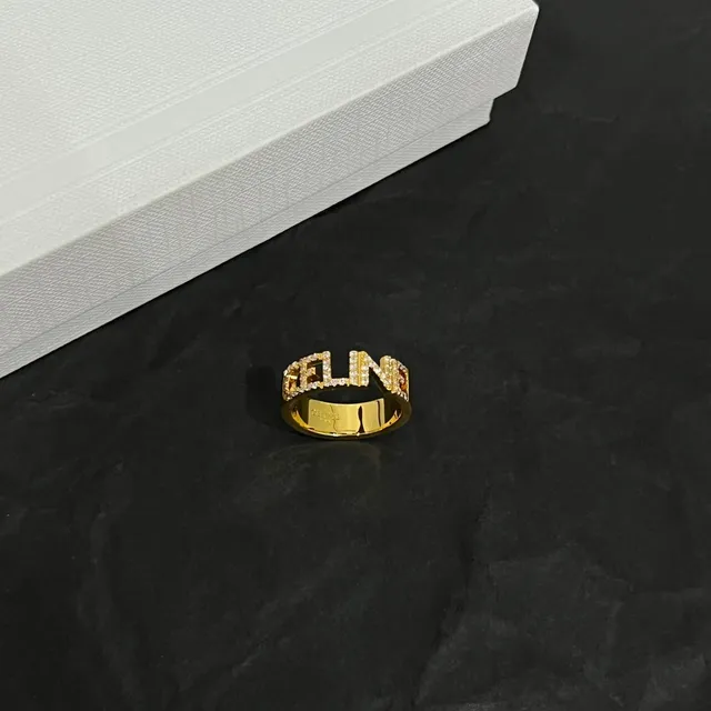 Celine Logo Ring Gold White Pavé-Set Ring