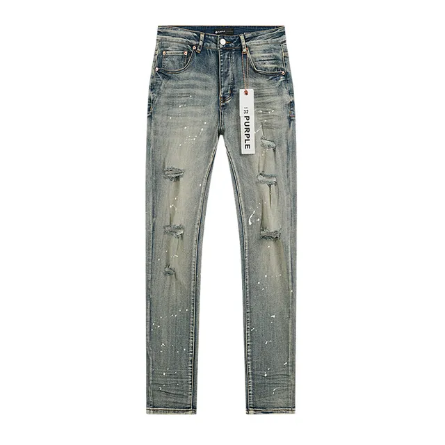 Purple Brand Distressed Paint-Splattered Slim-Fit Light Wash Jeans