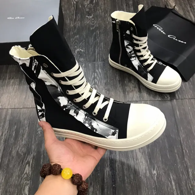 Rick Owens DRKSHDW Black White High-Top Platform Asymmetrical Paneling Ankle Boots