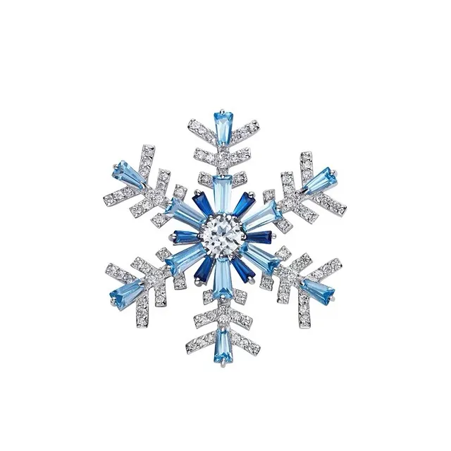 HEFANG Blue Silver Snowflake Silhouette Baguette-Cut Crystals Brooch