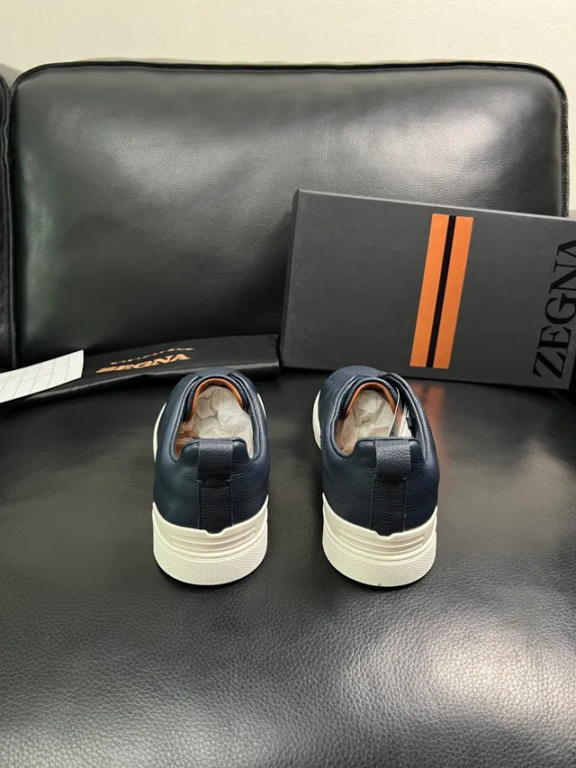 Zegna Navy Pebbled Leather Slip-On Lifestyle Sneakers