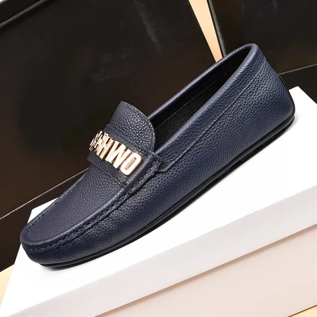 Moschino Logo-Strap Loafer Navy Gold Pebbled Leather Detail Loafer