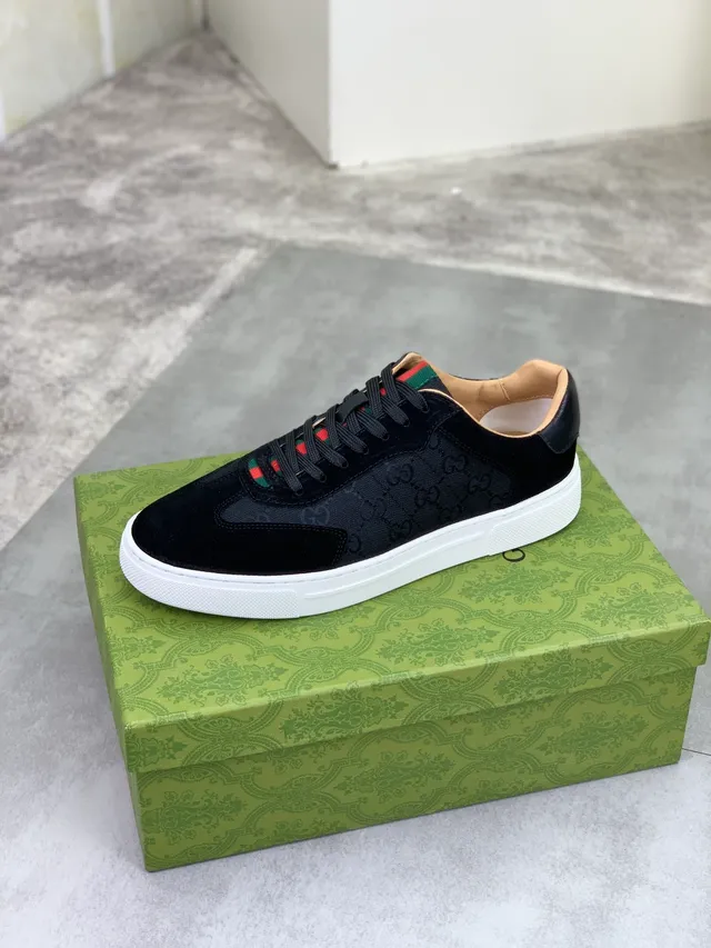 Gucci Rhyton Black White Suede And GG Canvas Web Stripe Accent Lifestyle Sneakers
