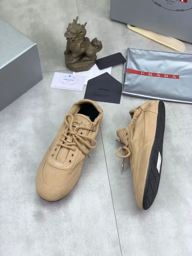 Prada Beige Black Upper Rope-Style Laces Canvas Shoes