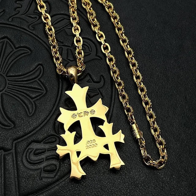 Chrome Hearts Triple Cross Pavé Gold Tone Necklace